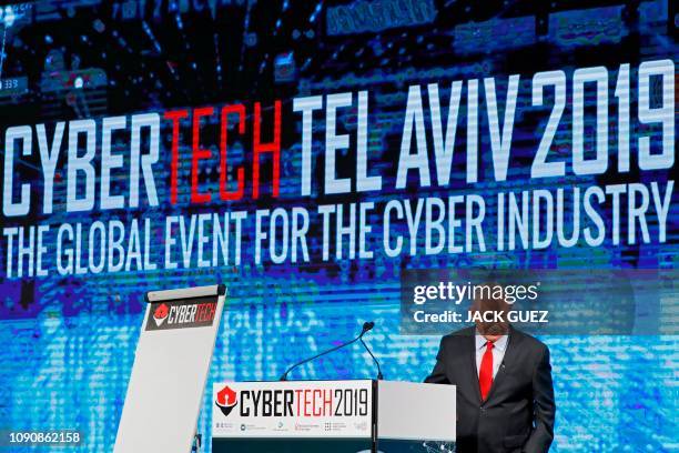 Israeli Prime minister Benjamin Netanyahu delivers a speech during the "CyberTech 2019" conference for the Cyber industry on January 29, 2019 in Tel...