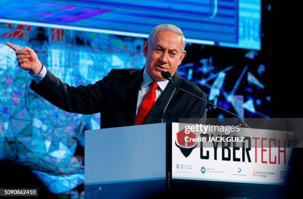 Israeli Prime minister Benjamin Netanyahu delivers a speech during the "CyberTech 2019" conference for the Cyber industry on January 29, 2019 in Tel...