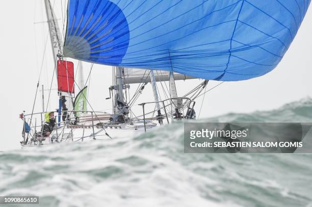 French skipper Jean-Luc van den Heede, 73 years old, sails his boat off Les Sables D' Olonne before winning the Golden Globe race on January 29,...