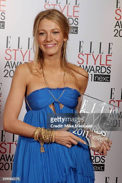 Actress Blake Lively, winner of Best TV Star, poses in the press room at the ELLE Style Awards 2011 at Grand Connaught Rooms on February 14, 2011 in...