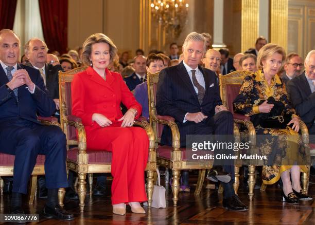 King Philippe of Belgium and Queen Mathilde attend the reception of principal authorities of the country at the Royal Palace on January 29, 2019 in...