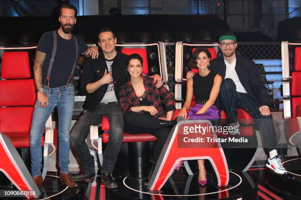 Alec Voelkel, Sascha Vollmer, Stefanie Kloss, Lena Meyer-Landrut and Mark Forster during the photo call for the show "The Voice Kids" on January 28,...