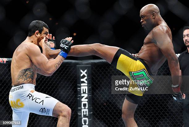 Anderson Silva lands a kick to the jaw of Vitor Belfort that knocked out the Brazilian challenger at UFC 126 at the Mandalay Bay Resort and Casino on...