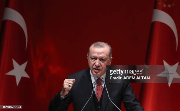 Turkish President Recep Tayyip Erdogan addresses a meeting of provincial election officials at the headquarters of his ruling Justice and Development...