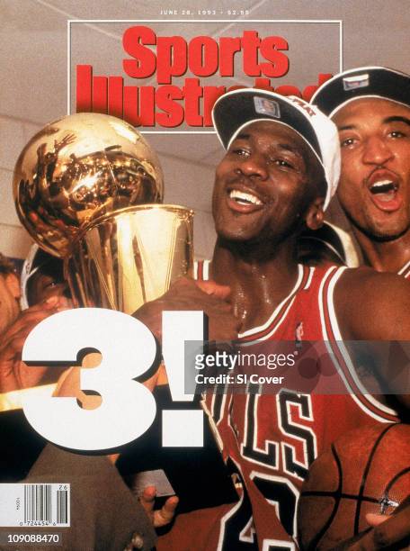 June 28, 1993 Sports Illustrated via Getty Images Cover:Basketball: NBA Finals: Chicago Bulls Michael Jordan and Scottie Pippen victorious with Larry...
