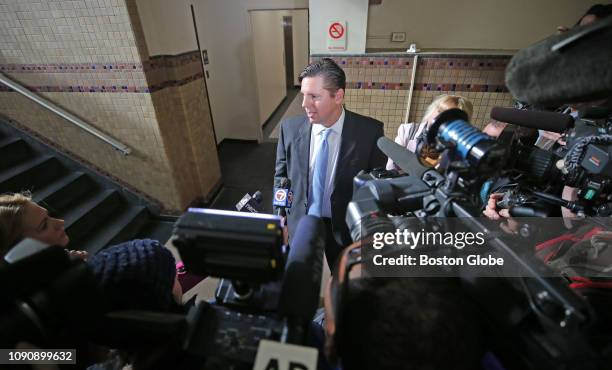 Attorney Joseph Comenzo talks to the media outside the courtroom at Waltham District Court in Waltham, MA following the arraignment of his client,...