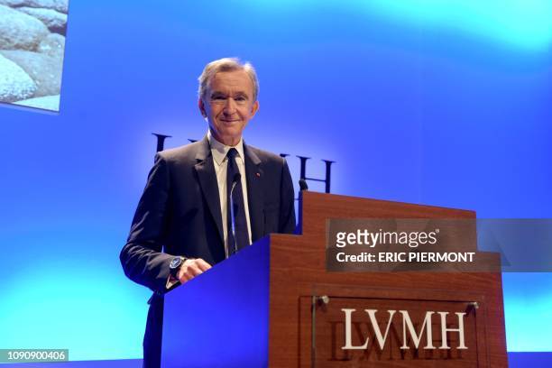 French luxury group LVMH Chairman and Chief Executive Officer Bernard Arnault presents the group's annual results for 2018 at the LVMH headquarters...