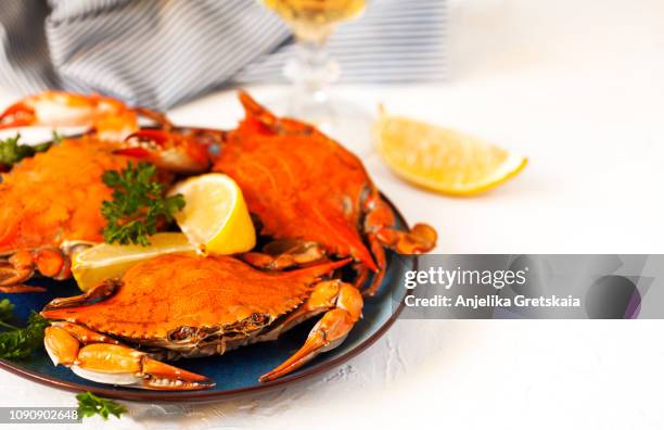 cooked crabs on black plate and glass of white wine - crab leg stock pictures, royalty-free photos & images