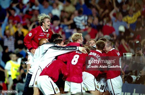 David Beckham and players of Manchester United celebrates second goal scored by Ole Gunnar Solskjaer during the UEFA Champions league final match...