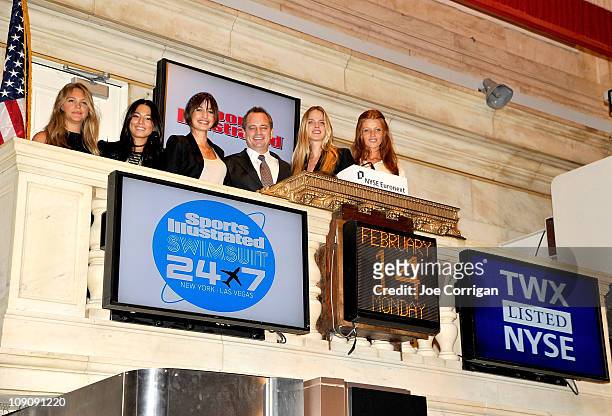 Swimsuit Models Kenza Fourati, Jessica Gomes, Esti Ginzburg, Shannan Click and Cintia Dicker, with Mark Ford, President of Time Inc. Sports Group,...