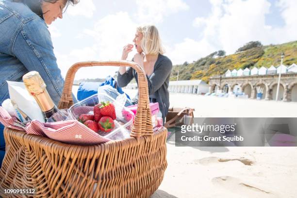 sisters enjoying picnic on beach - dorset england stockfoto's en -beelden