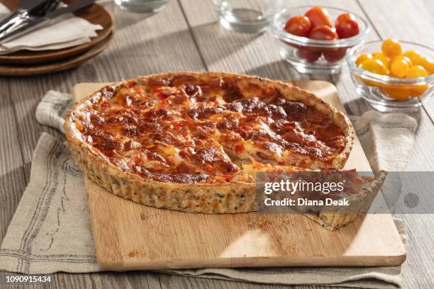 ham and cheese flan on chopping board, still life - flan stock pictures, royalty-free photos & images