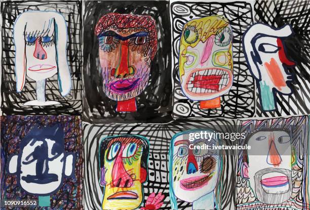 stockillustraties, clipart, cartoons en iconen met de gezichten van de mensen op patroon achtergrond - kids art