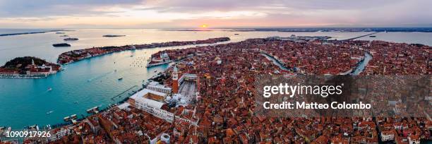 aerial panoramic view of venice at sunset, italy - doge's palace venice stock pictures, royalty-free photos & images