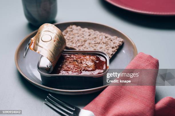 mackerel in tinned canned goods - canned food stock pictures, royalty-free photos & images