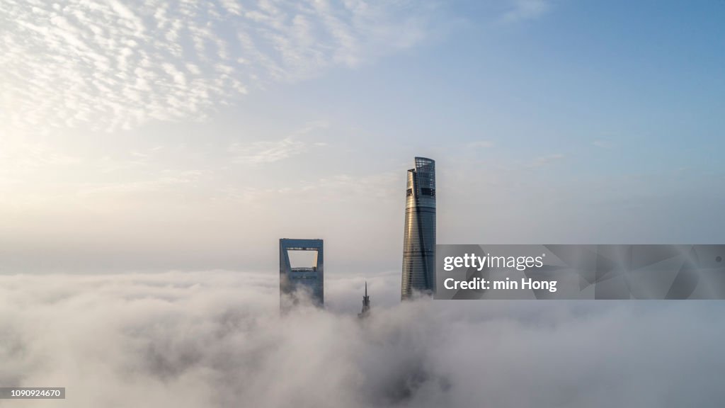 Aerial View of Shanghai Lujiazui Financial District in Fog