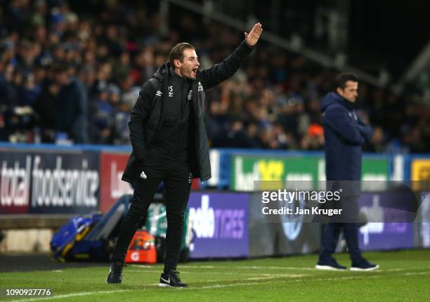 Jan Siewert, Manager of Huddersfield Town shouts during the Premier League match between Huddersfield Town and Everton at John Smith's Stadium on...