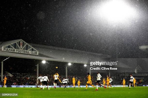 General view of match action during the Premier League match between Fulham and Brighton & Hove Albion at Craven Cottage on January 29, 2019 in...