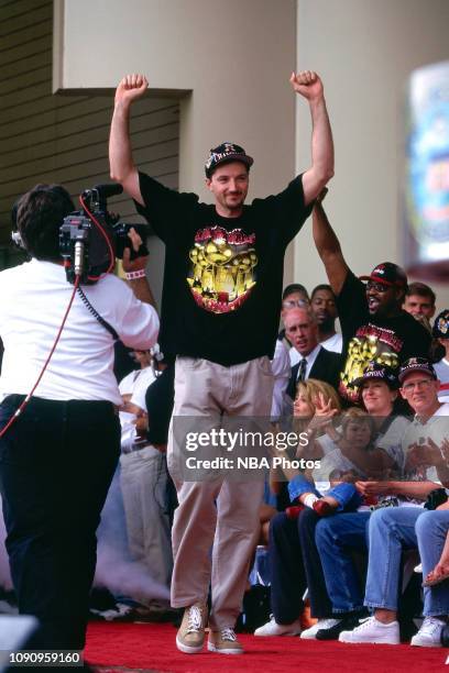 Toni Kukoc of the Chicago Bulls celebrates at the Chicago Bulls Championship Parade and Rally on June 16, 1997 at Grant Park in Chicago, Illinois....