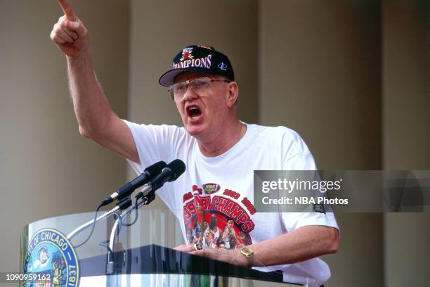 Johnny Kerr speaks at the Chicago Bulls Championship Parade and Rally on June 16, 1997 at Grant Park in Chicago, Illinois. NOTE TO USER: User...