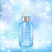 Beauty product glass bottle template with droplet on dreamy blue background. Plastic container material for skin care essences, moisturizer, organic serums, acids or nutritive oils, herbal extract.