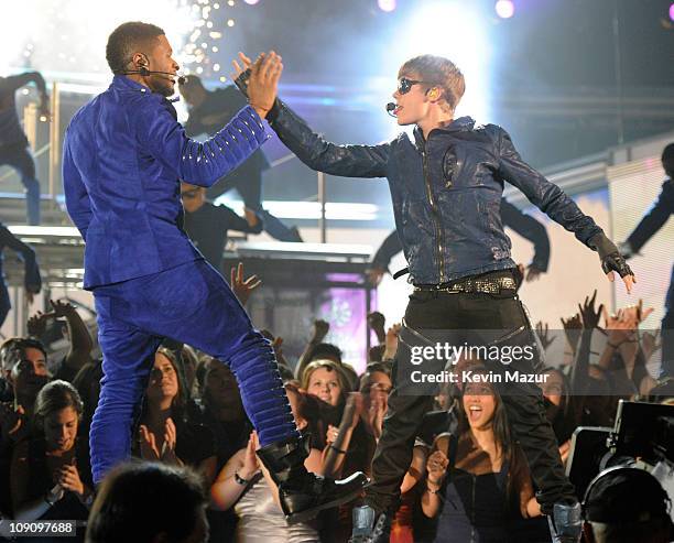 Justin Bieber and Usher perform onstage during The 53rd Annual GRAMMY Awards held at Staples Center on February 13, 2011 in Los Angeles, California.