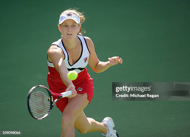 Anna Chakvetadze of Russia plays a shot during her Round 1 match against Daniela Hantuchova of Slovakia during day two of the WTA Dubai Duty Free...