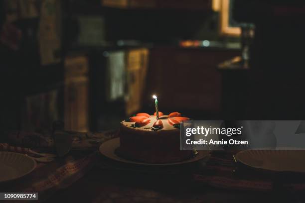 cake with one candle - birthday cake stock pictures, royalty-free photos & images