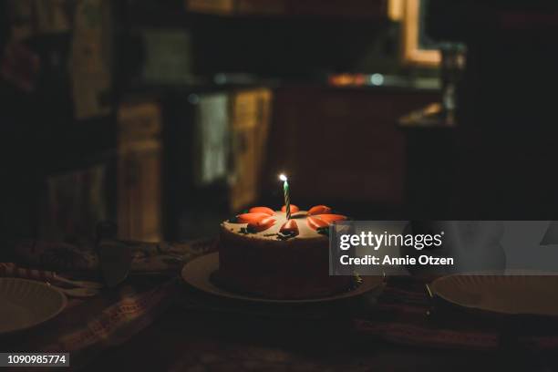 cake with one candle - birthday cake table stock pictures, royalty-free photos & images