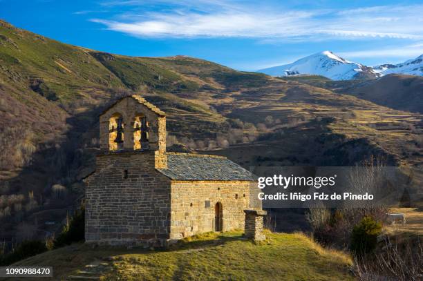 hermitage of st quirce of durro, valley of boí, leida, catalonia, spain. - românico imagens e fotografias de stock