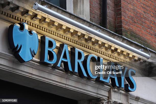 The signage of a branch of Barclays bank in central London on February 15, 2011 in London, England. Barclays banking group has today reported pre-tax...