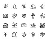 Trees flat line icons set. Plants, landscape design, fir tree, succulent, privacy shrub, lawn grass, flowers vector illustrations. Thin signs for garden store. Pixel perfect 64x64. Editable Strokes