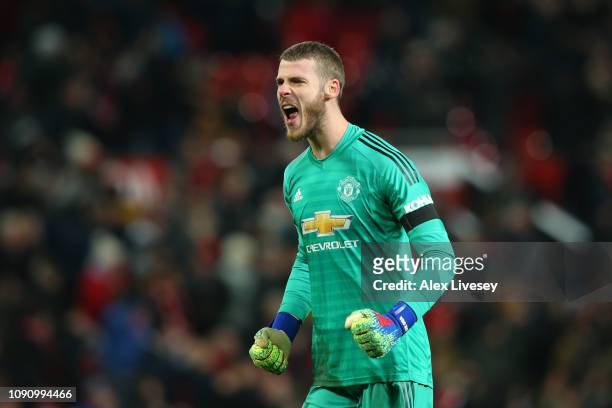 David De Gea of Manchester United celebrates his sides second goal during the Premier League match between Manchester United and Burnley at Old...