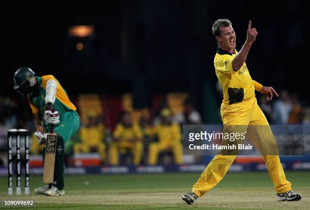 Brett Lee of Australia shows his frustration after appealing unsuccessfully a third time against Hashim Amla of South Africa during the 2011 ICC...