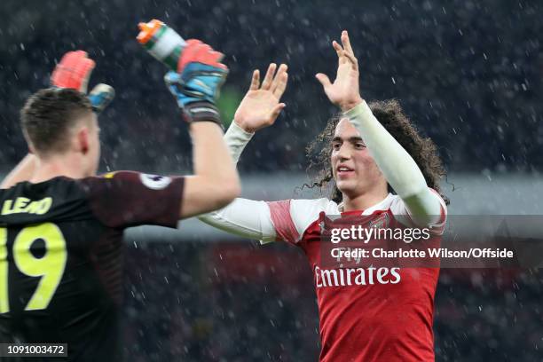 Arsenal goalkeeper Bernd Leno and Matteo Guendouzi of Arsenal celebrate their 2nd goal during the Premier League match between Arsenal FC and Cardiff...