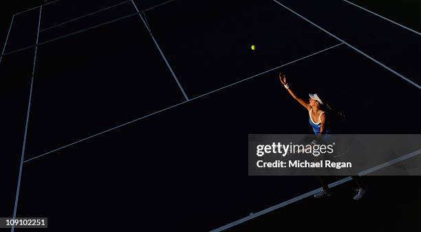 Petra Kvitova of the Czech Republic serves during her Round 1 match against Ayumi Morita of Japan during day two of the WTA Dubai Duty Free Tennis...