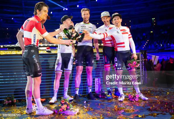 Marc Hester, Theo Reinhardt, Roger Kluge, Andreas Graf and Andreas Mueller during the 108th Six Days Race at the Velodrome on January 29, 2019 in...
