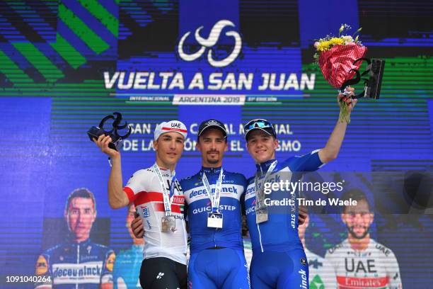 Podium / Valerio Conti of Italy and UAE Team Emirates / Julian Alaphilippe of France and Deceuninck - Quick-Step Team / Remco Evenepoel of Belgium...