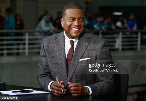 Network analyst Kevin Weekes speaks during the 2019 Honda NHL All-Star Game pre-game show at SAP Center on January 26, 2019 in San Jose, California.