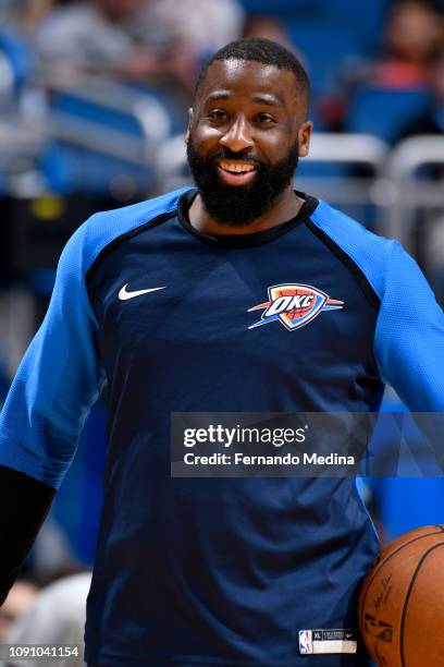 Raymond Felton of the Oklahoma City Thunder warms up before the game against the Orlando Magic on January 29, 2019 at Amway Center in Orlando,...