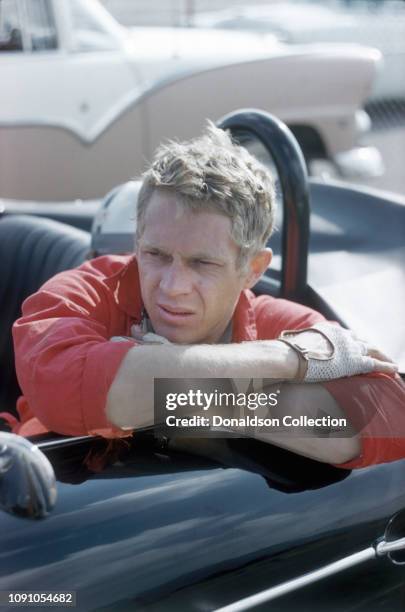 Actor Steve McQueen in his Porsche Speedster at the Riverside Raceway on April 26, 1959 in Moreno Valley, California.