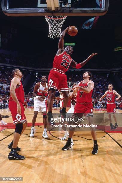 Michael Jordan of the Chicago Bulls handles the ball against the Atlanta Hawks on May 10, 1997 during Game Two of the NBA Eastern Conference...