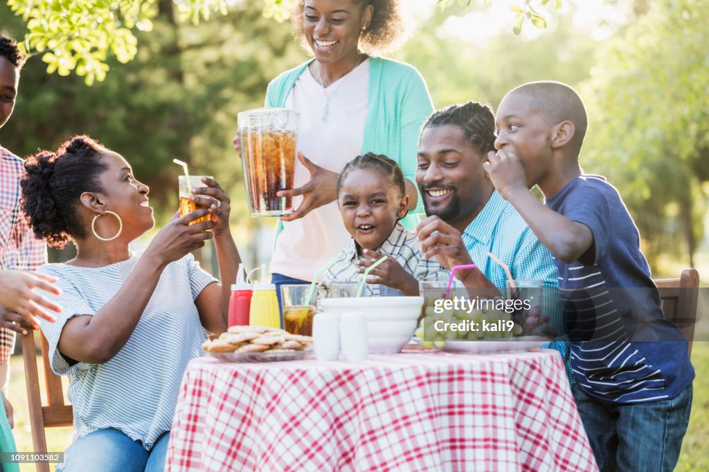 Large African-American family having backyard cookout