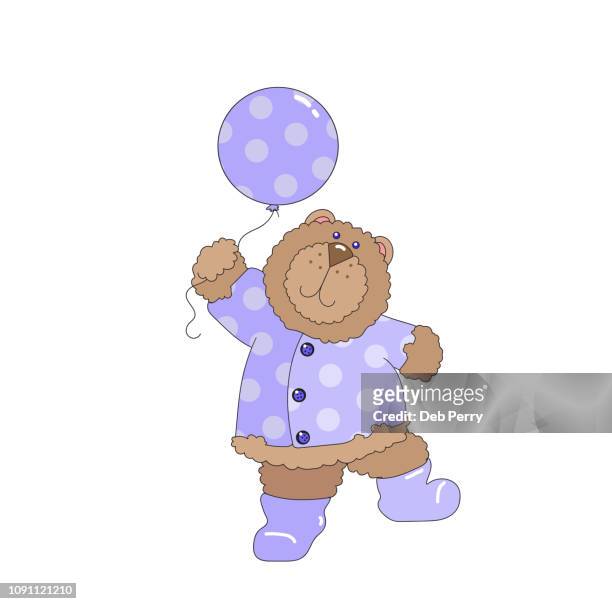 clip art of a baby in lavender with a balloon against a white background - bear paw print stockfoto's en -beelden