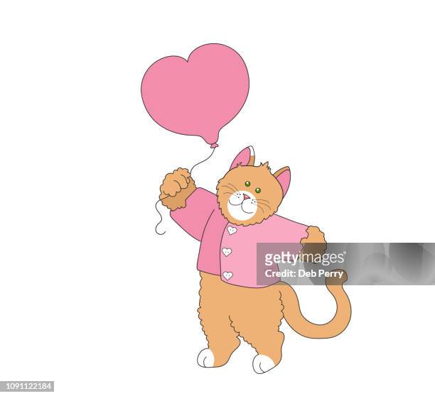 clip art of a kitten/cat wearing clothing and holding a heart shaped balloon against a white background - paw stock illustrations stock pictures, royalty-free photos & images