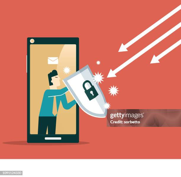 ilustraciones, imágenes clip art, dibujos animados e iconos de stock de hombre de negocios hacia fuera de un teléfono inteligente con un escudo - antivirus software