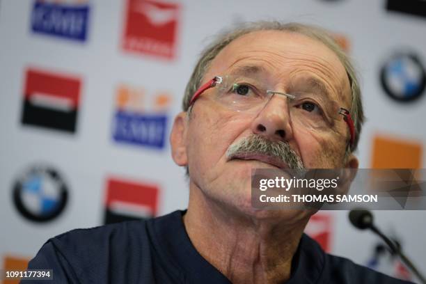 France's head coach Jacques Brunel speaks during a press conference to present the team composition, in Marcoussis, on the outskirts of Paris, on...