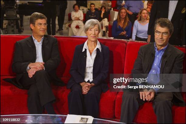 "Special Louis De Funes" On Vivement Dimanche. On November 26, 2003 In Paris, France. Olivier De Funes With His Mother Jeanne And His Brother Patrick.