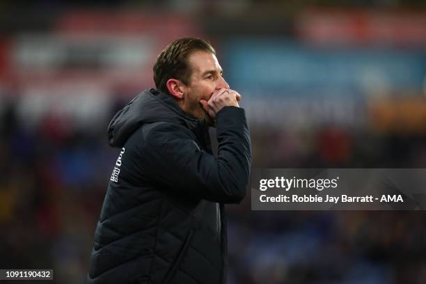 Jan Siewert the head coach / manager of Huddersfield Town gestures during the Premier League match between Huddersfield Town and Everton FC at John...