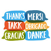 Thanks, mersi, takk, obrigado, gracias, danke. Translation concept. Hand drawn vector icon illustrations on white background.